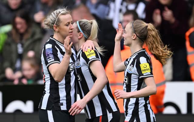 Charlotte Potts of Newcastle United celebrates with teammates after scoring her team's first goal during the FA Women's National League Cup semi-final match between Newcastle United and Portsmouth at St James' Park on February 25, 2024 in Newcastle upon Tyne, England. (Photo by Stu Forster/Getty Images)