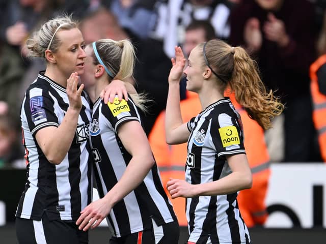 Charlotte Potts of Newcastle United celebrates with teammates after scoring her team's first goal during the FA Women's National League Cup semi-final match between Newcastle United and Portsmouth at St James' Park on February 25, 2024 in Newcastle upon Tyne, England. (Photo by Stu Forster/Getty Images)