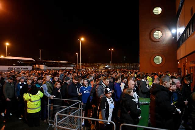 Newcastle United fans queue outside the stadium as kick-off is delayed by 15 minutes prior to the Emirates FA Cup Fifth Round match between Blackburn Rovers and Newcastle United at Ewood Park on February 27, 2024 in Blackburn, England. (Photo by Stu Forster/Getty Images)