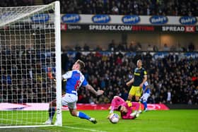 Sammie Szmodics of Blackburn Rovers misses an opportunity as Martin Dubravka of Newcastle United (obscured) looks on during the Emirates FA Cup Fifth Round match between Blackburn Rovers and Newcastle United at Ewood Park on February 27, 2024 in Blackburn, England. (Photo by Stu Forster/Getty Images)
