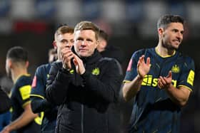 Eddie Howe, Manager of Newcastle United, applauds the fans after the team's victory in the Emirates FA Cup Fifth Round match between Blackburn Rovers and Newcastle United at Ewood Park on February 27, 2024 in Blackburn, England. (Photo by Stu Forster/Getty Images)