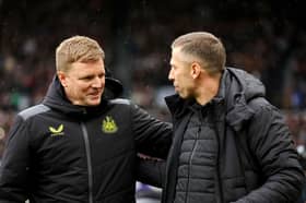 Eddie Howe, Manager of Newcastle United, speaks with Gary O'Neil, Manager of Wolverhampton Wanderers, prior to the Premier League match between Newcastle United and Wolverhampton Wanderers at St. James Park on March 02, 2024 in Newcastle upon Tyne, England. (Photo by Wolverhampton Wanderers FC/Wolves via Getty Images)
