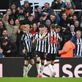 Tino Livramento of Newcastle United celebrates scoring his team's third goal with teammates Anthony Gordon and Sean Longstaff during the Premier League match between Newcastle United and Wolverhampton Wanderers at St. James Park on March 02, 2024 in Newcastle upon Tyne, England. (Photo by Stu Forster/Getty Images)