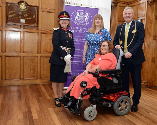 Lord Lieutenant of Tyne and Wear Lucy Winskell is pictured with British Empire Medal recipients Julia Robinson and Tara Mackings, and the Mayor, at South Shields Town Hall.