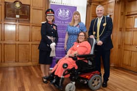 Lord Lieutenant of Tyne and Wear Lucy Winskell is pictured with British Empire Medal recipients Julia Robinson and Tara Mackings, and the Mayor, at South Shields Town Hall.