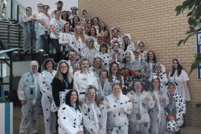 Around 40 members of staff dressed up as Dalmatians for as part of a World Book Day surprise for pupils. Photo: Epinay School.