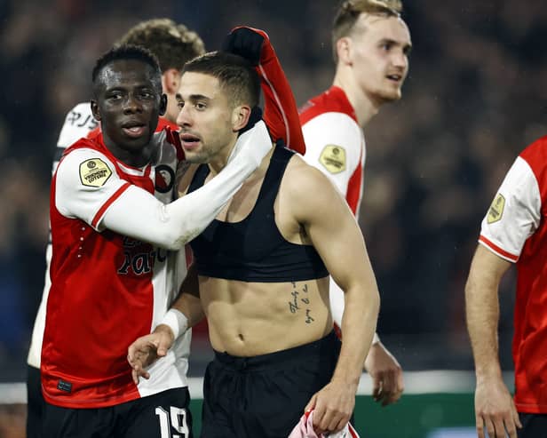 Yankuba Minteh celebrates for Feyenoord. 
