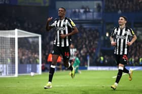 Alexander Isak celebrates scoring his 16th goal of the season for Newcastle. 