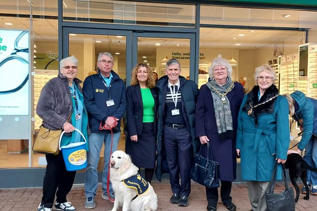 Mel Moore, Jarrow Specsavers retail director (centre), with Guide Dogs UK representatives and Councillor Margaret Peacock, the Deputy Mayor of South Tyneside, Gladys Hobson, Deputy Mayoress of South Tyneside.