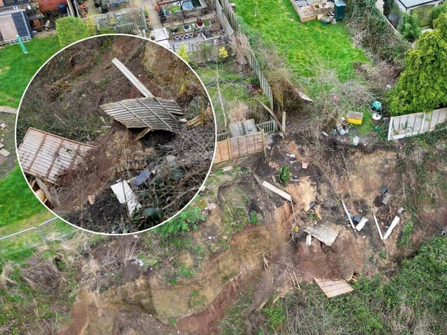 Damage done to a garden in the Black Country due to a landslide. Residents have been left 'living on the edge of a cliff' and fear their homes could be lost after a giant landslide began slowly destroying their gardens.