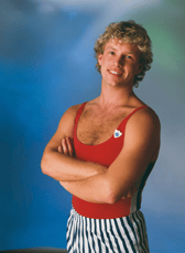 'Blue Peter' presenter and champion trampolinist Michael Sundin (1961 - 1989), circa 1985.