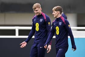 Everton defender Jarrad Branthwaited alongside Newcastle United's Anthony Gordon. Man Utd and the Magpies have recently been linked with a move for the Toffees man. 