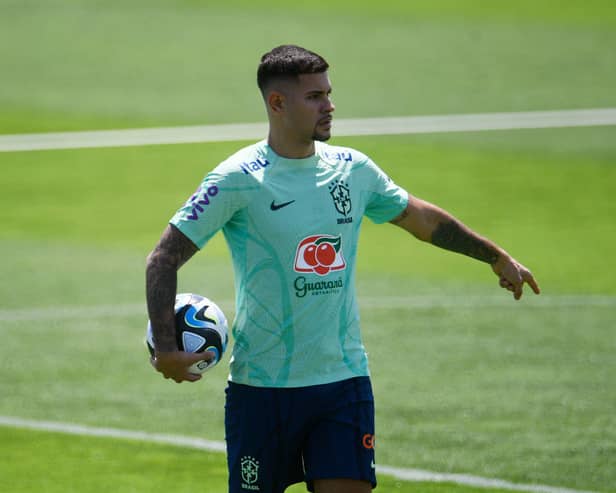 Newcastle United's Brazilian midfielder Bruno Guimaraes. (Photo by DANIEL RAMALHO/AFP via Getty Images)