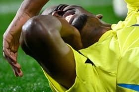 Sweden's forward #09 Alexander Isak reacts on the field during the international friendly football match between Portugal and Sweden at the Dom Afonso Henriques stadium in Guimaraes, on March 21, 2024. (Photo by MIGUEL RIOPA / AFP)