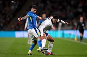 Newcastle United midfielder Bruno Guimaraes in action for Brazil against England. Man City have been linked with a move for the Brazilian.