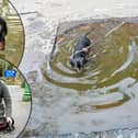 The huge pothole on Trinity Close in Stratford-upon-Avon, in front of the Holy Trinity Parish Centre and opposite to the Holy Trinity Church entrance. Local resident Matt Beacham, 57, with his sausage dog Richmond (inset).