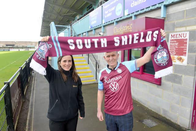 South Shields FC operation director Carl Mowatt with Dicksons Elena Dickson at the grounds new kiosk.