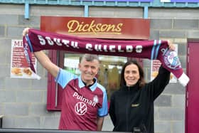 South Shields FC operation director Carl Mowatt with Dicksons Elena Dickson at the grounds new kiosk.