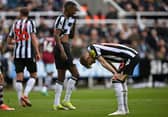 Newcastle United's English midfielder #10 Anthony Gordon (R) reacts to a missed chance during the English Premier League football match between Newcastle United and West Ham United at St James' Park in Newcastle-upon-Tyne, north east England on March 30, 2024. (Photo by Paul ELLIS / AFP)