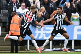 Newcastle United's English midfielder #15 Harvey Barnes (L) celebrates with Newcastle United's English midfielder #23 Jacob Murphy (R) after scoring their third goal during the English Premier League football match between Newcastle United and West Ham United at St James' Park in Newcastle-upon-Tyne, north east England on March 30, 2024. (Photo by Paul ELLIS / AFP) 
