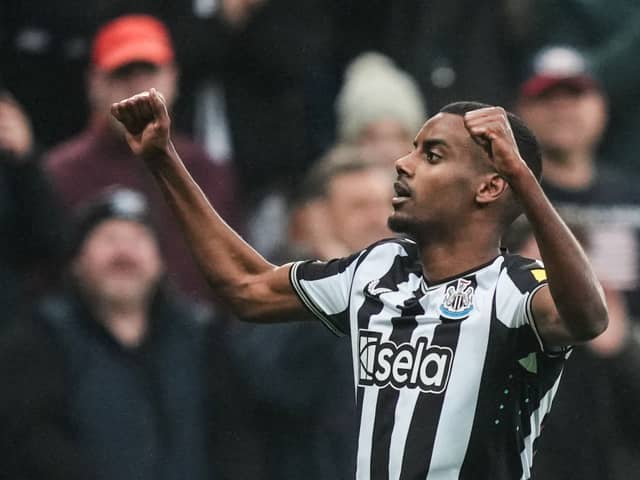 Newcastle United's Swedish striker #14 Alexander Isak celebrates after scoring his team first goal during the English Premier League football match between Newcastle United and Everton at St James' Park in Newcastle-upon-Tyne, north east England on April 2, 2024. (Photo by Andy Buchanan / AFP) 
