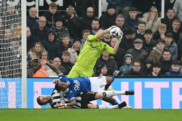 Ashley Young of Everton is brought down by Paul Dummett of Newcastle United and a penalty kick was subsequently awarded following a VAR review during the Premier League match between Newcastle United and Everton FC at St. James Park on April 02, 2024 in Newcastle upon Tyne, England. (Photo by Stu Forster/Getty Images) (Photo by Stu Forster/Getty Images)