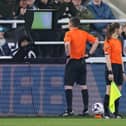 Referee Sam Allison studies the pitchside monitor before awarding Everton a penalty against Newcastle United. 