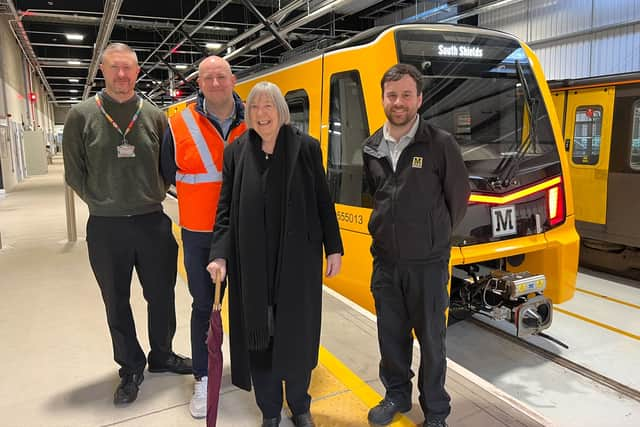 Margaret Calvert with the new Stadler Class 555 Metro train at the Nexus Learning Centre in South Shields.