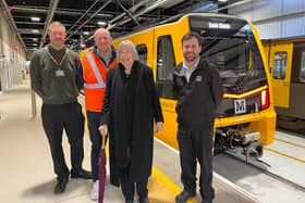 Margaret Calvert with the new Stadler Class 555 Metro train at the Nexus Learning Centre in South Shields.