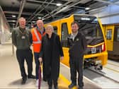 Margaret Calvert with the new Stadler Class 555 Metro train at the Nexus Learning Centre in South Shields.