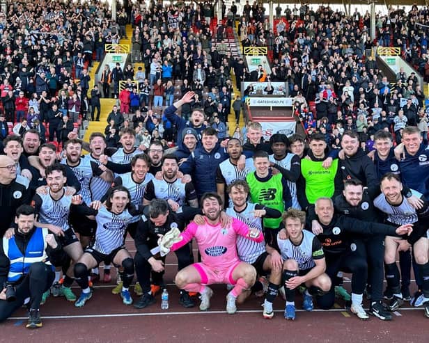 Gateshead celebrate reaching the FA Trophy Final after their 2-1 win against Macclesfield 