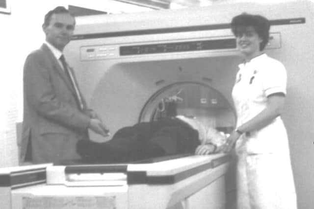 Dr Lance Cope, Bronia Fleet, then Radiology Manager, and a patient in one of the earlier scanners used at South Tyneside District Hospital.