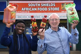 Mayowa Peace Akande, owner of the South Shields African Food Store, and Bill Hartshorne, a TEDCO business advisor. Photo: Ian Mcclelland Media.