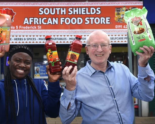 Mayowa Peace Akande, owner of the South Shields African Food Store, and Bill Hartshorne, a TEDCO business advisor. Photo: Ian Mcclelland Media.