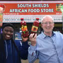 Mayowa Peace Akande, owner of the South Shields African Food Store, and Bill Hartshorne, a TEDCO business advisor. Photo: Ian Mcclelland Media.