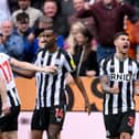 Bruno Guimaraes of Newcastle United celebrates after teammate Alexander Isak scores the team's third goal during the Premier League match between Newcastle United and Tottenham Hotspur at St. James Park on April 13, 2024 in Newcastle upon Tyne, England. (Photo by Stu Forster/Getty Images) (Photo by Stu Forster/Getty Images)