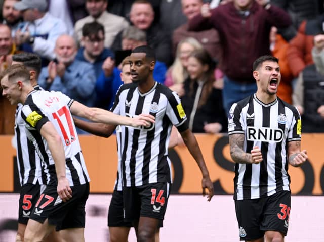 Bruno Guimaraes of Newcastle United celebrates after teammate Alexander Isak scores the team's third goal during the Premier League match between Newcastle United and Tottenham Hotspur at St. James Park on April 13, 2024 in Newcastle upon Tyne, England. (Photo by Stu Forster/Getty Images) (Photo by Stu Forster/Getty Images)