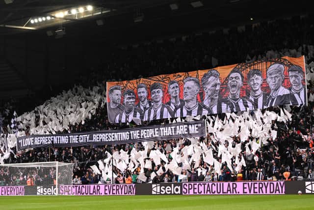 Local Newcastle United players are displayed on a giant banner in the Gallowgate End of the ground prior to the Premier League match between Newcastle United and Tottenham Hotspur at St. James Park on April 13, 2024 in Newcastle upon Tyne, England. (Photo by Stu Forster/Getty Images) (Photo by Stu Forster/Getty Images)
