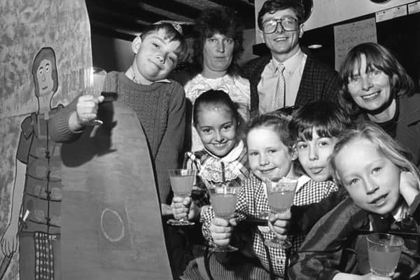 Pupils from Marsden Junior Mixed School at a 'Thank You' reception held in the Centurion restaurant, with teacher Marjorie Woodmass, right, waitress Linda Arnold and proprietor John Warcup. Class 2 decorated the restaurant for it's opening with Roman soldier figures and murals.