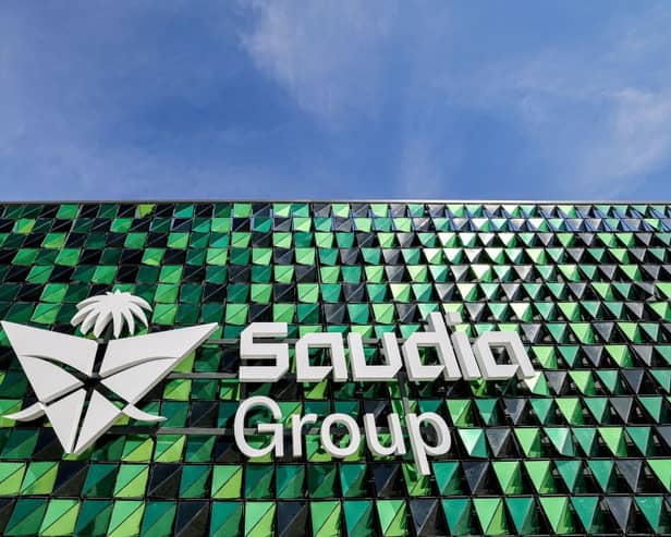 The logo of Saudi Arabia's flag carrier Saudia airline. (Photo by Giuseppe CACACE / AFP) (Photo by GIUSEPPE CACACE/AFP via Getty Images)