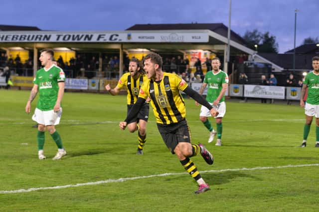 Hebburn Town midfielder Robbie Spence celebrates scoring in their 4-1 win against Ashington (photo Tyler Lopes)