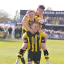 Dean Briggs, Olly Martin and Aidan Heywood celebrate during Hebburn Town's 4-0 win against Belper Town (photo Tyler Lopes)