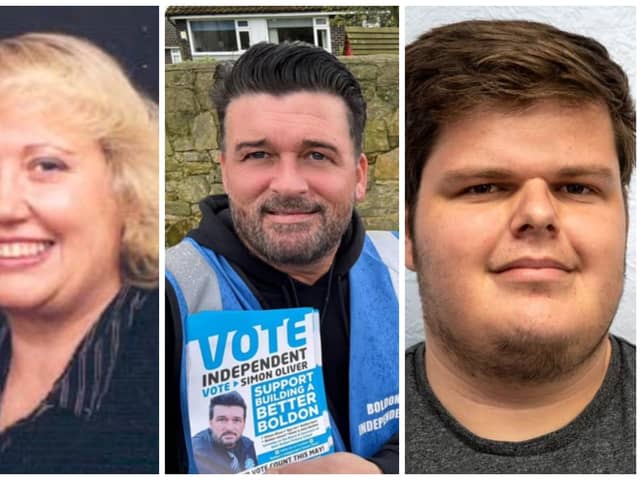 South Tyneside Council Local Election Candidates 2024 for the Boldon Colliery ward, from left to right: Joanne Bell, Simon Oliver, and Darius Seago.