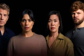 George Rainsford (Sam), Fiona Wade (Jenny), Vera  Chok (Lauren), and Jay MGuiness (Ben) in 2:22 A Ghost Story.