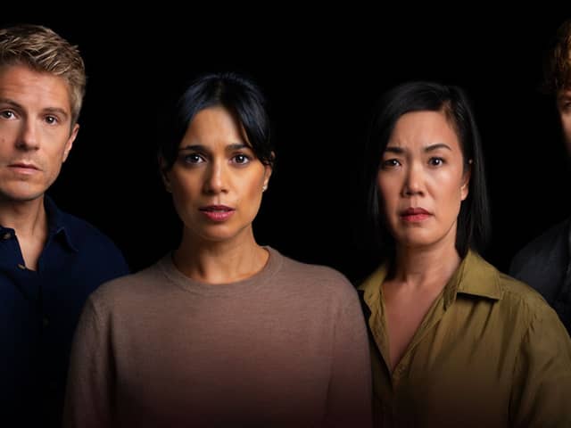 George Rainsford (Sam), Fiona Wade (Jenny), Vera  Chok (Lauren), and Jay MGuiness (Ben) in 2:22 A Ghost Story.