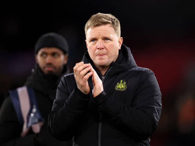 Eddie Howe, Manager of Newcastle United, applauds the fans after the Premier League match between Crystal Palace and Newcastle United at Selhurst Park on April 24, 2024 in London, England. (Photo by Ryan Pierse/Getty Images)