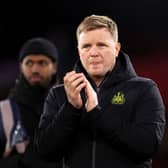 Eddie Howe, Manager of Newcastle United, applauds the fans after the Premier League match between Crystal Palace and Newcastle United at Selhurst Park on April 24, 2024 in London, England. (Photo by Ryan Pierse/Getty Images)