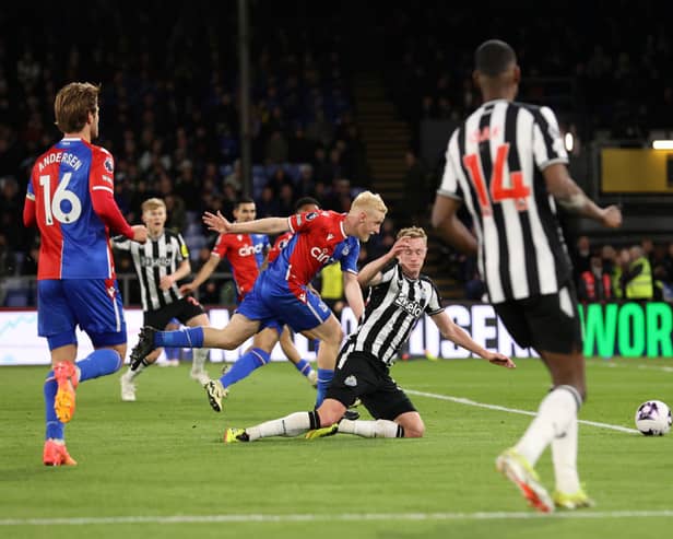 Sean Longstaff of Newcastle United is challenged by Will Hughes of Crystal Palace during the Premier League match between Crystal Palace and Newcastle United at Selhurst Park on April 24, 2024 in London, England. (Photo by Ryan Pierse/Getty Images)