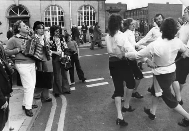 A group of Morris dancers outside South Shields Town Hall before the start of the Sports Week carnival parade in June 1976. Does this bring back happy memories?