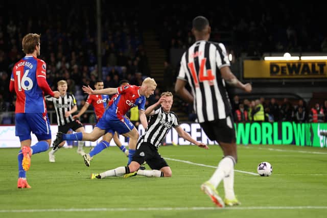 Sean Longstaff of Newcastle United is challenged by Will Hughes of Crystal Palace during the Premier League match between Crystal Palace and Newcastle United at Selhurst Park on April 24, 2024 in London, England. (Photo by Ryan Pierse/Getty Images)